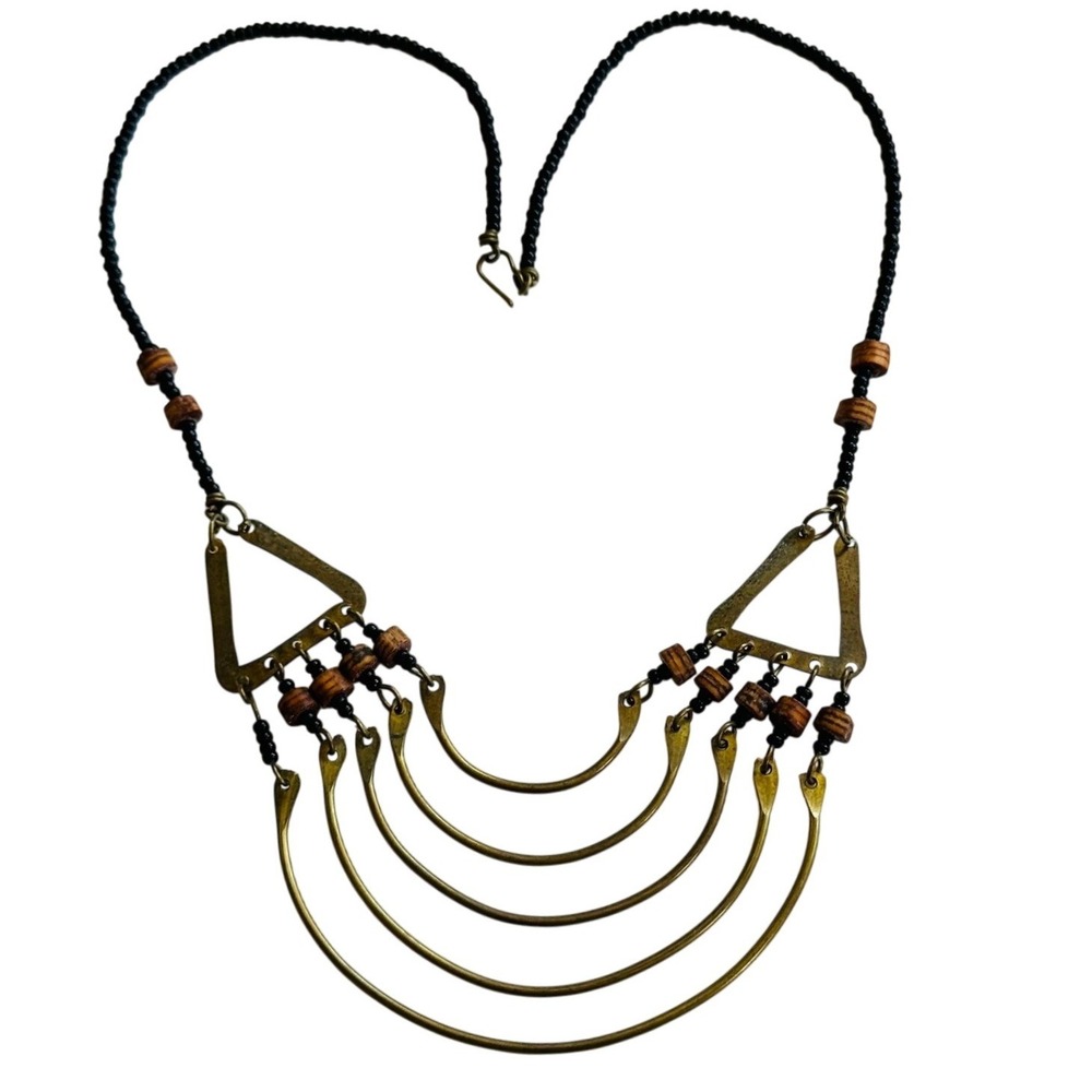 BOHO Bib Necklace VTG Statement Choker Brass Metal Mod Textured glass 70s 16"L